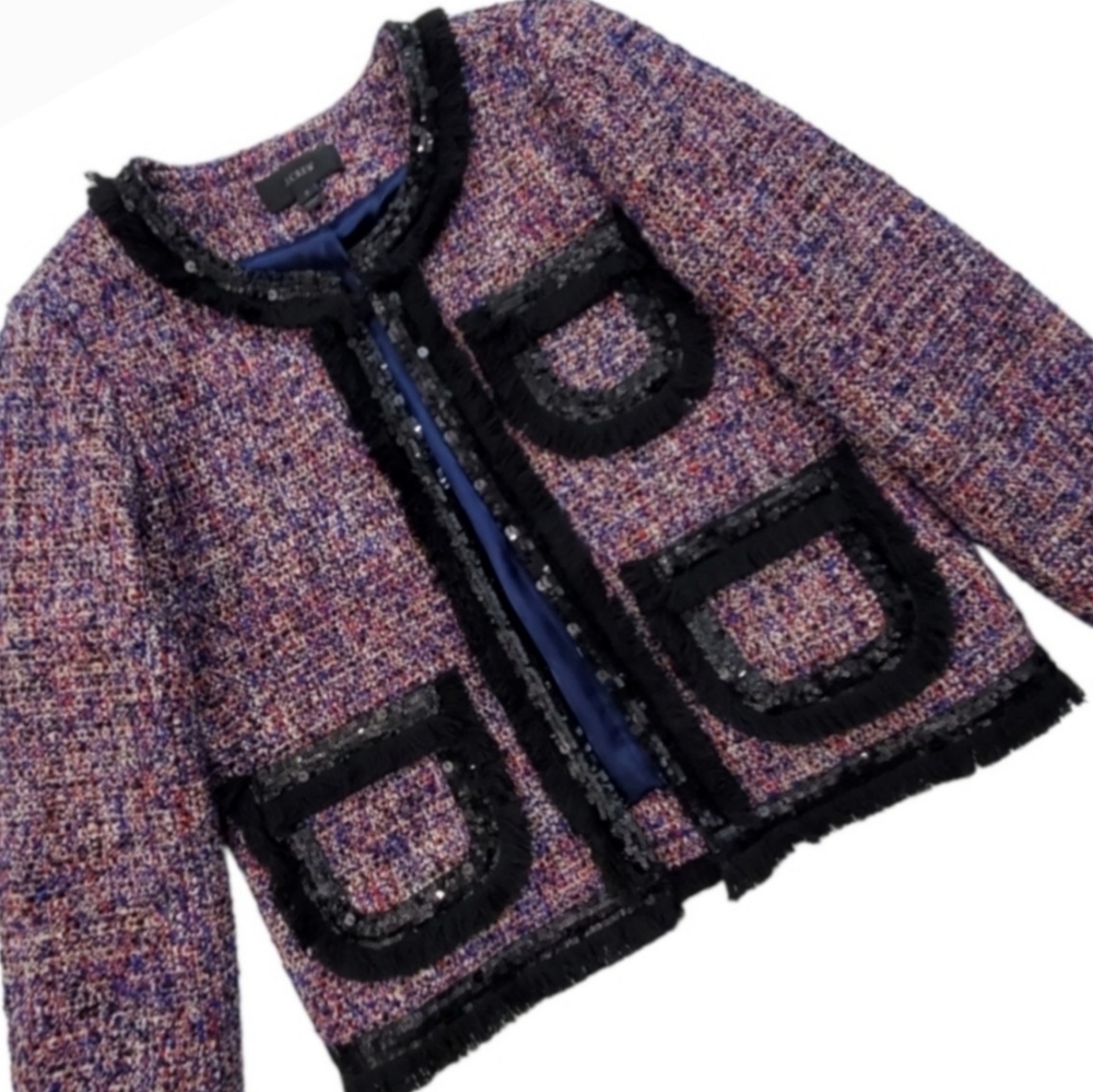 J.Crew LADY Tweed Blue Black Red Sequin Fringe Trim Jacket XS
